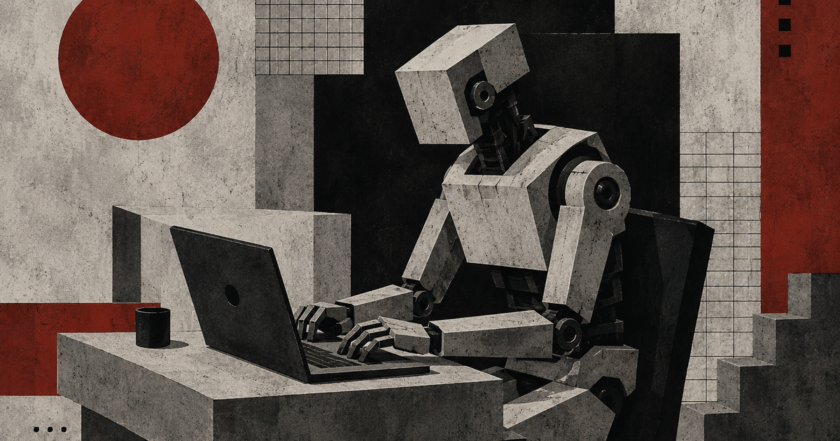 Robot seduto alla scrivania davanti a un computer portatile, illustrazione in stile brutalista