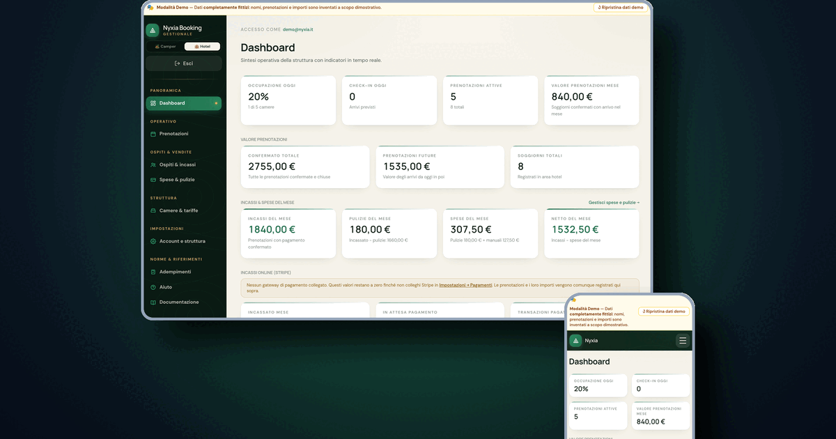 Gestionale per hotel e campeggi: dashboard su computer e smartphone
