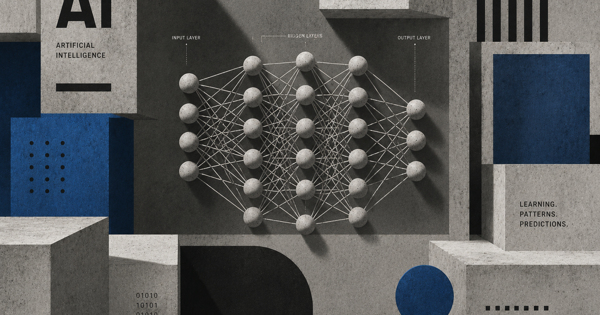 Schema di una rete neurale con layer di ingresso, nascosti e di uscita, illustrazione in stile brutalista