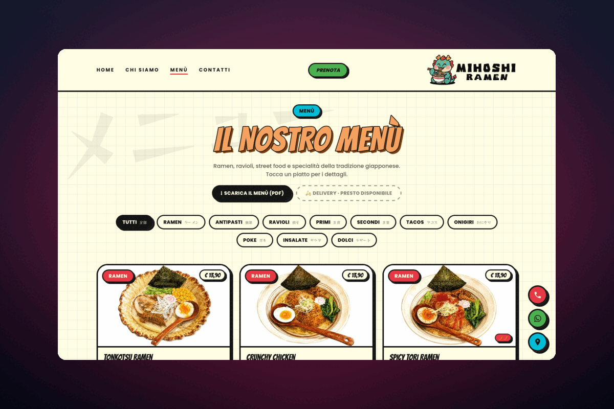 Pagina menù del sito Mihoshi Ramen