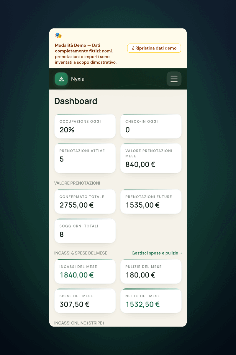 Dashboard di Nyxia Booking su smartphone